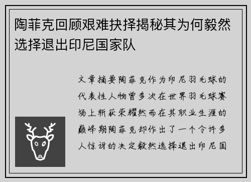陶菲克回顾艰难抉择揭秘其为何毅然选择退出印尼国家队